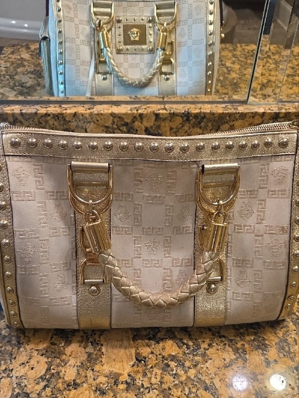 Gorgeous Versace Cream and Gold Medusa Studded Satchel with Braided Handle
